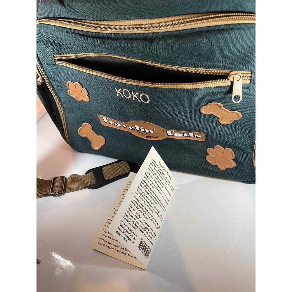 Just Bepaws Dog Travel Bag Green Tan‎ Personalized "KOKO" Tote Boutique Pet Gear - Picture 8 of 13